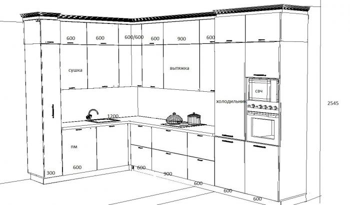 Проект кухни угловой с размерами с двухуровневыми шкафами