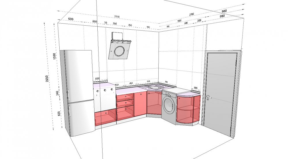 Проект кухни 5 кв м с холодильником и стиральной машиной