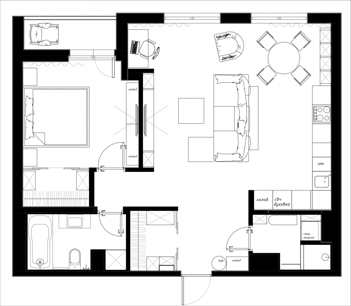 План двухкомнатной квартиры с кухней-гостиной