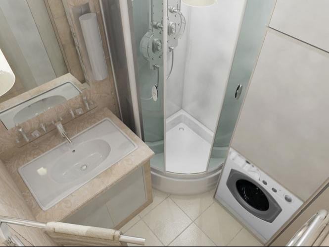 Ванная комната с душевой кабиной и стиральной машиной маленькой площади без унитаза