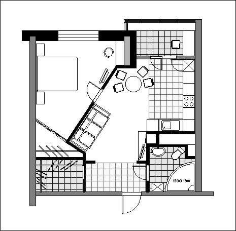 На плане изображена квартира. Перепланировка однокомнатной квартиры. Необычные планировки однушек. Необычная планировка однушки. Нестандартная планировка однокомнатной квартиры.