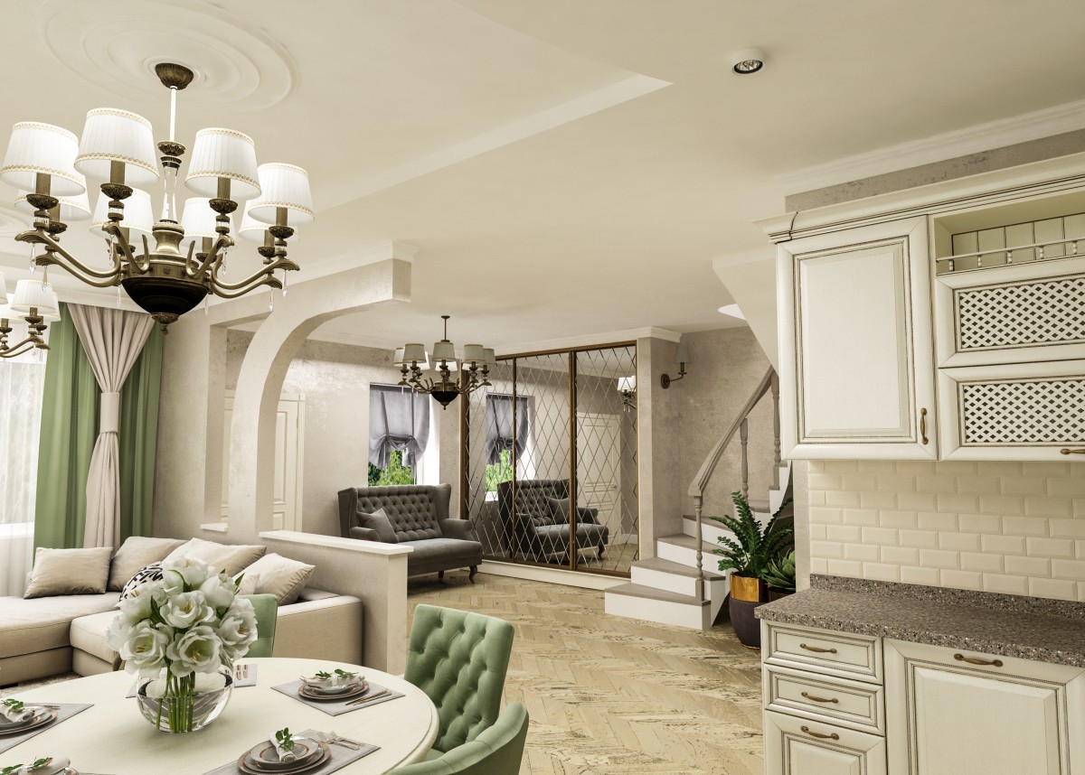 Дизайн кухни гостиной в современном стиле в светлых тонах в частном доме фото дизайн