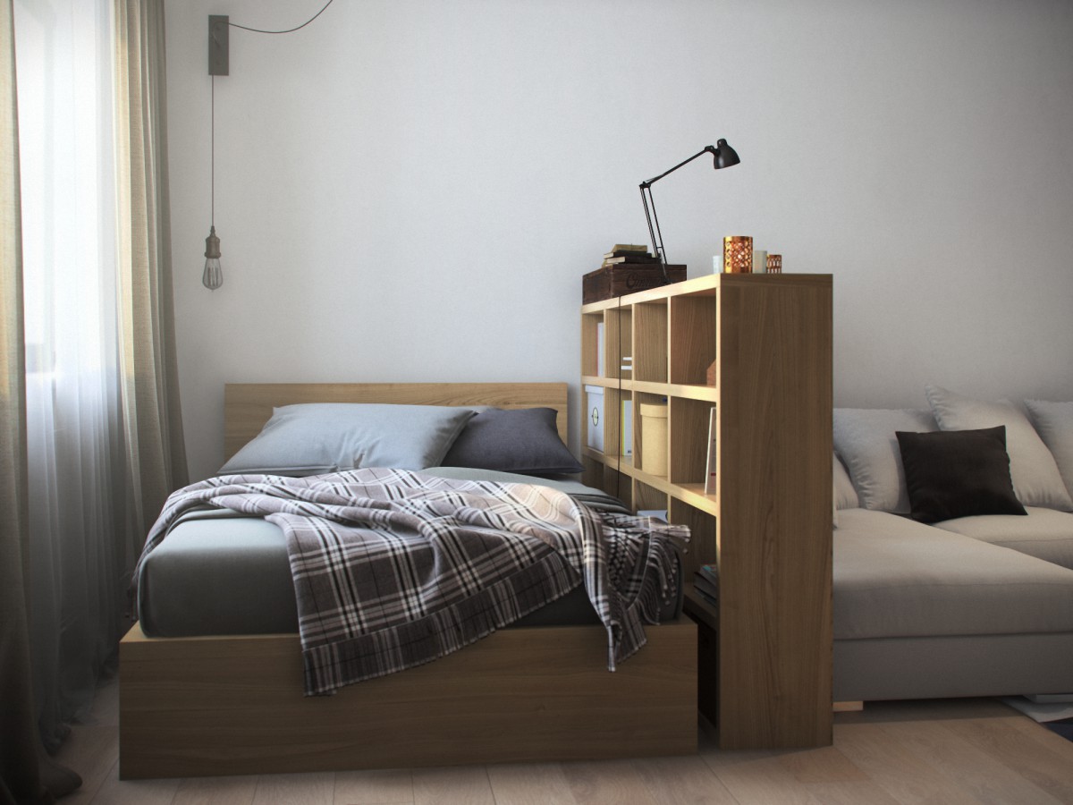 обустройство однокомнатной квартиры с кроватью и диваном