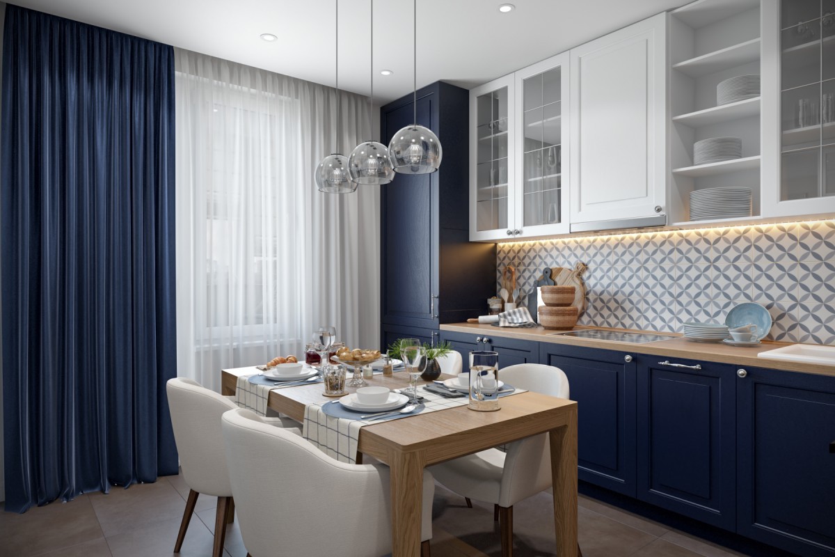 Синие шторы на кухне в современном интерьере