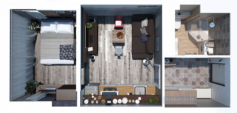 фото:Проект студии 30 кв.м. со спальней для молодой пары