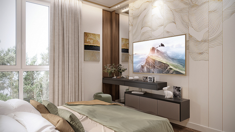 При небольшом пространстве спальной комнаты важно избежать нагромождение мебелью. Нам удалось совместить в одном предмете мебели туалетный столик и ТВ-тумбу. Подвесное крепление добавило композиции легкости фото:При небольшом пространстве спальной комнаты важно избежать нагромождение мебелью. Нам удалось совместить в одном предмете мебели туалетный столик и ТВ-тумбу. Подвесное крепление добавило композиции легкости