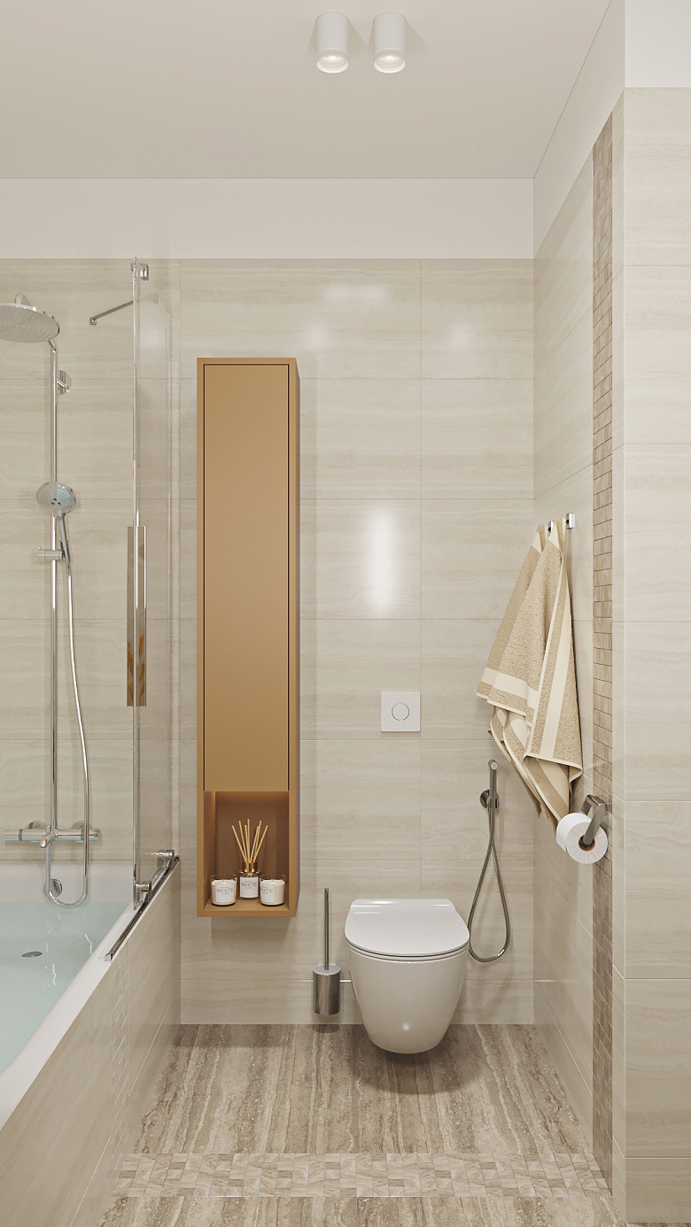 Мы старались избежать громоздких шкафов и разместили подвесной пенал с открытой нишей для декора. Узкий и высокий пенал хорошо сочетается с декором из мозаики. Цвет пенала, словно лучик солнца, дополняет теплую палитру керамогранита фото:Мы старались избежать громоздких шкафов и разместили подвесной пенал с открытой нишей для декора. Узкий и высокий пенал хорошо сочетается с декором из мозаики. Цвет пенала, словно лучик солнца, дополняет теплую палитру керамогранита