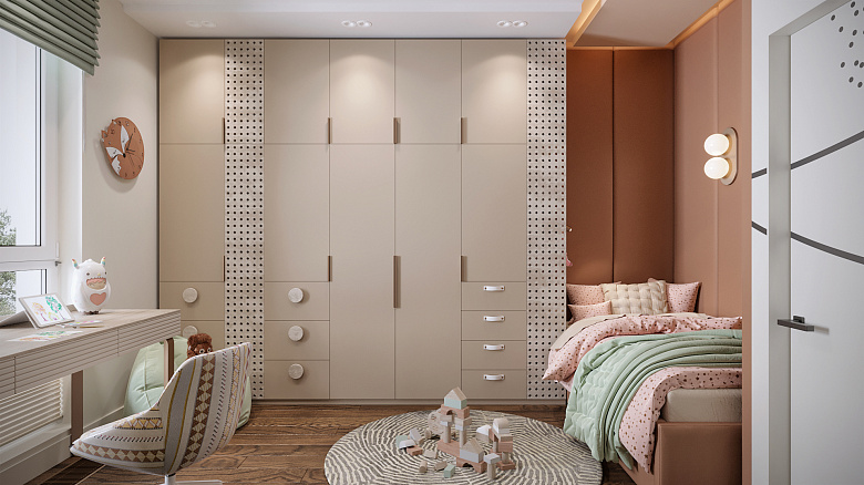 В планировочном решении нам удалось решить многие задачи. Спальное место разместили в нише, создав камерное ощущение. Письменный стол возле окна с естественным освещением в дневное время. Вдоль самой длинной стены расположился большой вместительный шкаф, а напротив него - зоны развлечений: подвижных игр и просмотра ТВ фото:В планировочном решении нам удалось решить многие задачи. Спальное место разместили в нише, создав камерное ощущение. Письменный стол возле окна с естественным освещением в дневное время. Вдоль самой длинной стены расположился большой вместительный шкаф, а напротив него - зоны развлечений: подвижных игр и просмотра ТВ