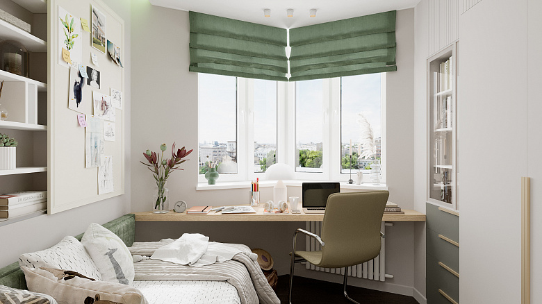 фото:Эта комната наполнена светом за счет большого эркерного окна и белого цвета в интерьере, который отлично отражает все лучики солнца. Хороший свет необходим для творческих увлечений юной хозяйки