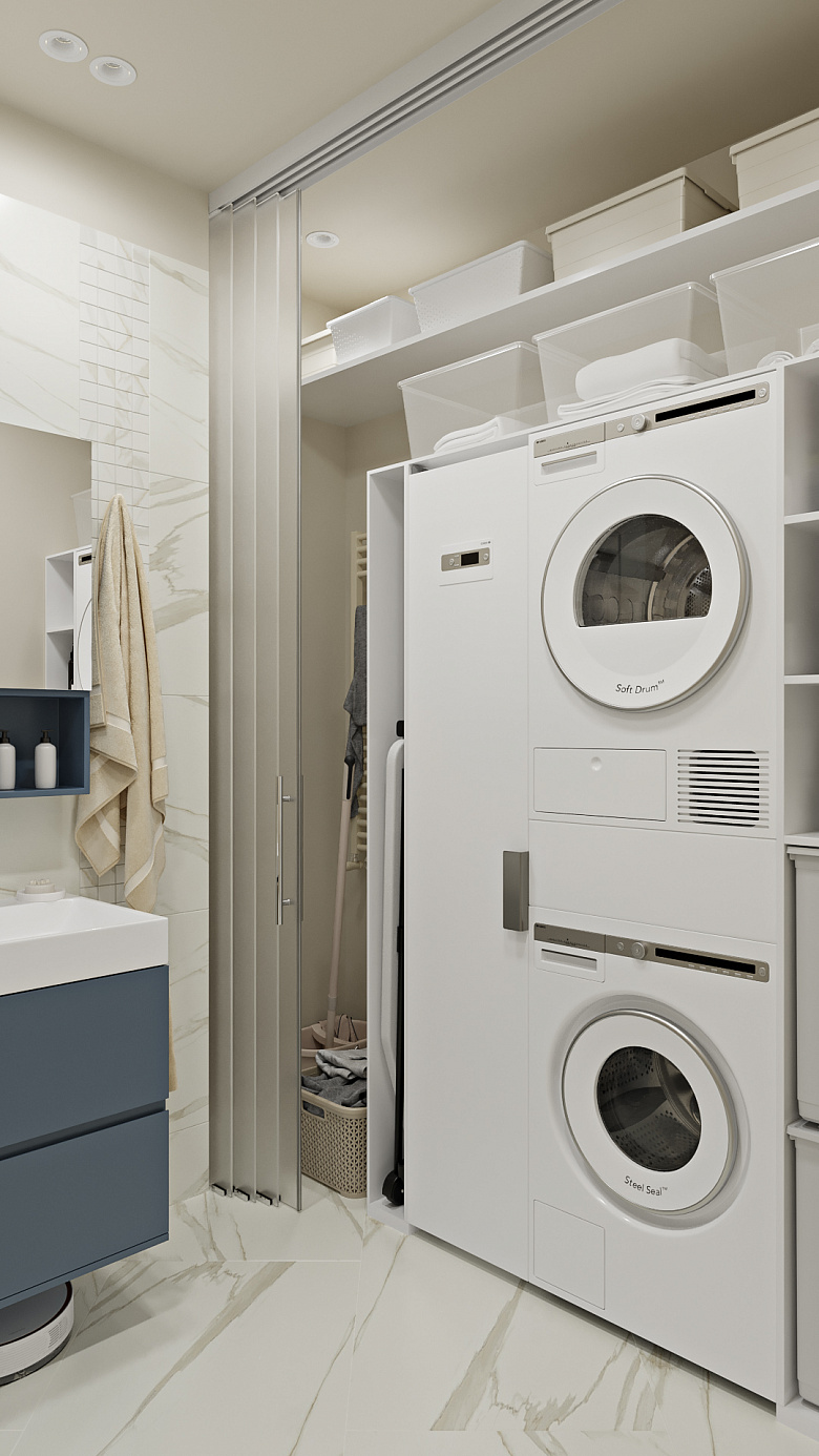 В гостевом санузле мы спланировали нишу, где разместили хозяйственный шкаф с постирочной колонной и предусмотрели сдвижную перегородку, благодаря которой мы можем скрыть хранение от посторонних глаз фото:В гостевом санузле мы спланировали нишу, где разместили хозяйственный шкаф с постирочной колонной и предусмотрели сдвижную перегородку, благодаря которой мы можем скрыть хранение от посторонних глаз