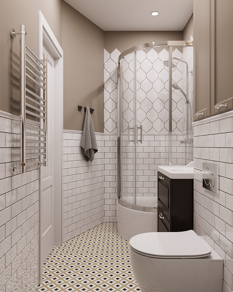 фото: Это ванная комната родителей. Она построена на контрасте белой керамической плитки и цвета кофе с молоком в покраске стен. 