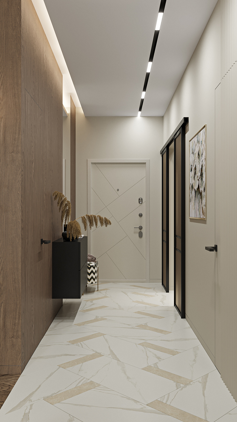 Важно предусмотреть в пространстве различные сценария света даже не в основных помещениях. Прихожая - это лицо всей Вашей квартиры, поэтому необходимо организовать основной и декоративный свет. Основной свет представлен скрытым магнитным треком контрастного черного цвета, асимметрично расположенным относительно центра коридора. Декоративный свет - более теплый и подчеркивает текстуру дерева фото:Важно предусмотреть в пространстве различные сценария света даже не в основных помещениях. Прихожая - это лицо всей Вашей квартиры, поэтому необходимо организовать основной и декоративный свет. Основной свет представлен скрытым магнитным треком контрастного черного цвета, асимметрично расположенным относительно центра коридора. Декоративный свет - более теплый и подчеркивает текстуру дерева