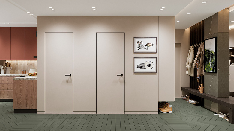 фото:Если у Вас небольшое пространство в санузлах, то делайте скрытые двери, тем самым выиграете 5-10 см по стенам, что так весомо в таких помещениях. Со стороны коридора, скрытые двери должны быть заподлицо со стеной, для лаконичного восприятия целостности стены