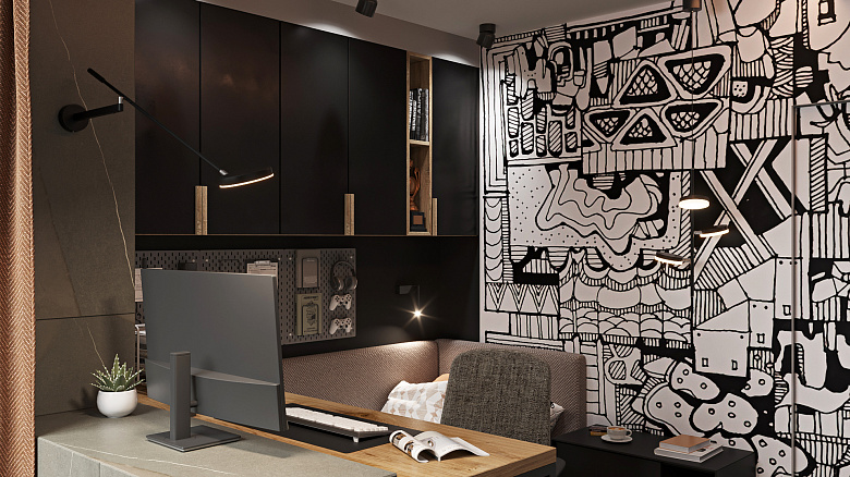 фото:Хотелось усложнить интерьер так, чтобы слой за слоем его можно было познавать в мелочах и нюансах. Гладкие - шершавые, холодные - теплые текстуры дают дополнительный, тактильный эффект к визуальному прочтению