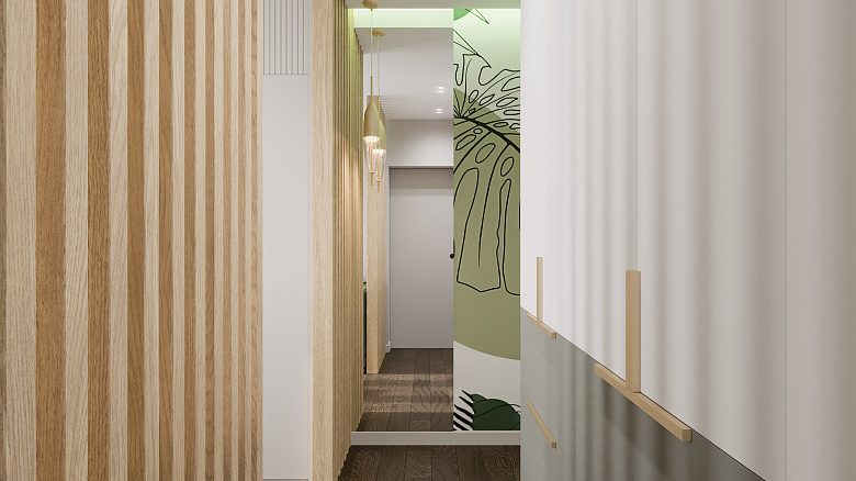 фото:Проходную зону удалось украсить зеркалом в полный рост и организовать вместительное хранение. А так же мы сделали перегородку из сосновых брусков, которая визуально отделяет приватное пространство от проходного