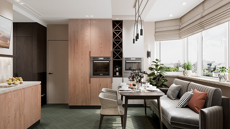 фото:Когда небольшое пространство выполняет несколько функциональных задач, то желательно организовать навигацию - зонирование пространства. В нашем случае обеденная зона находится возле окна и выделена спокойным, бежевым оттенком в мебели и цвете потолка