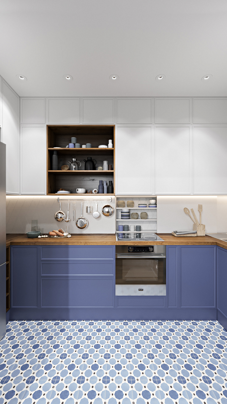 фото:В кухонном гарнитуре есть открытые полки для удобства использования  и визуального эффекта 