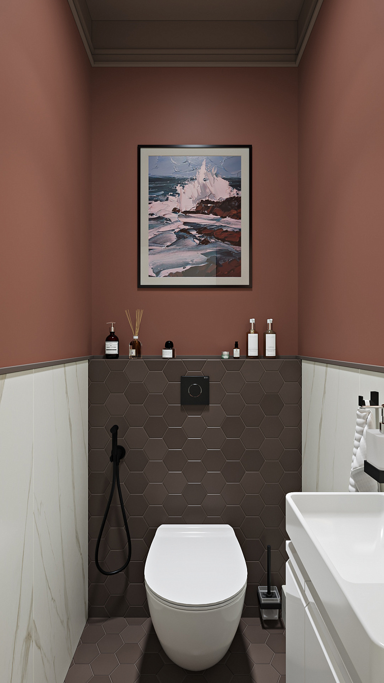 Планировочное решение позволило нам разместить гостевой туалет в непосредственной близости от входной двери. Мы уделили особое внимание выбору отделочных материалов и цветовой палитры. Сочетание цвета и рисунка создает особое впечатление фото:Планировочное решение позволило нам разместить гостевой туалет в непосредственной близости от входной двери. Мы уделили особое внимание выбору отделочных материалов и цветовой палитры. Сочетание цвета и рисунка создает особое впечатление