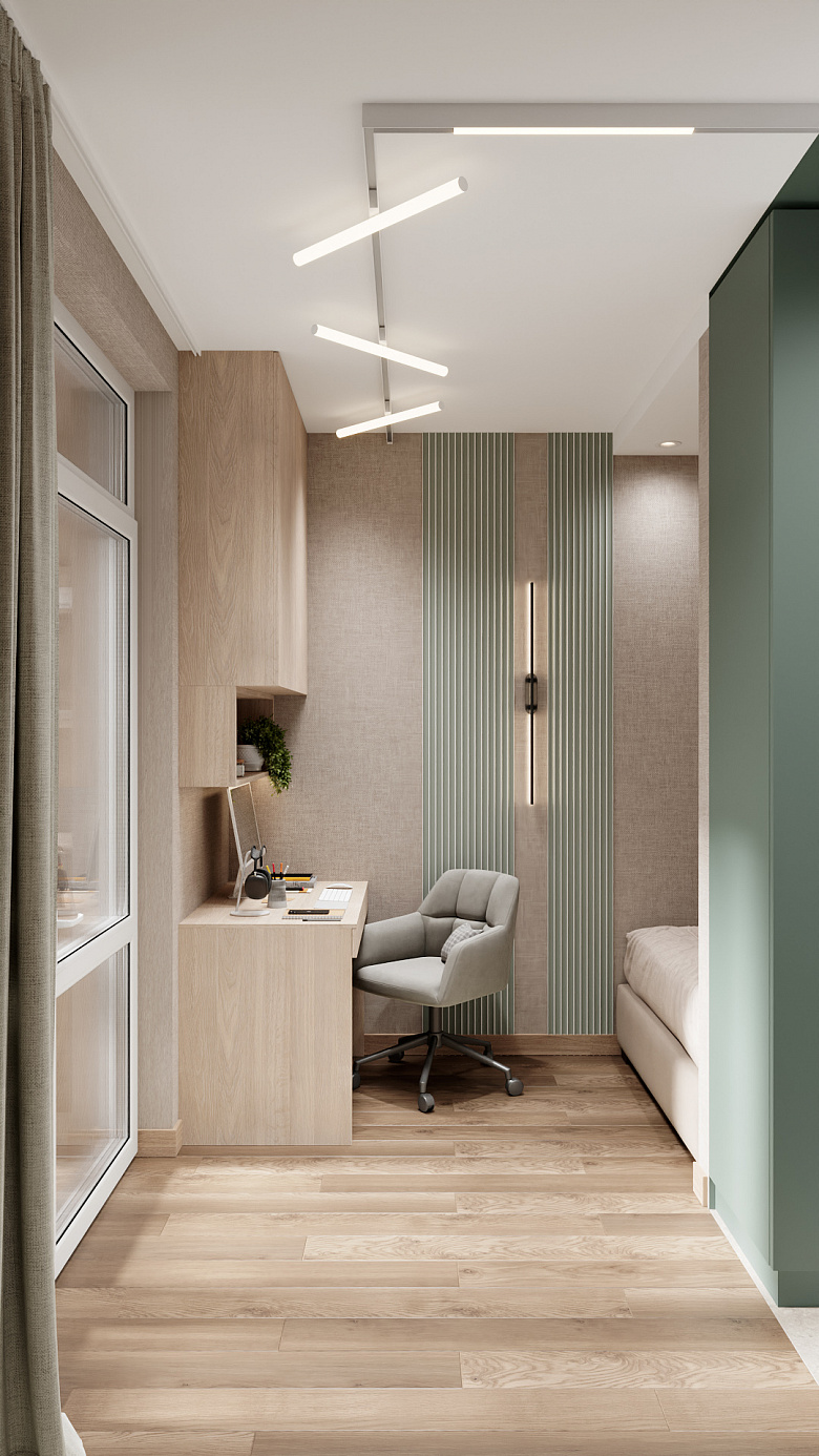 фото:Компактная комната в скандинавском стиле: рабочее место с лаконичным столом и эргономичным креслом, мебель в светлом дереве, акцентная стена с вертикальными зелёными рейками. Мягкий дневной свет из большого окна, современное потолочное освещение. Минимализм, функциональность, спокойная цветовая гамма — баланс работы и отдыха