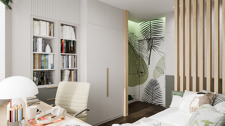 фото:В этой комнате проживает юная творческая натура, которая очень хотела светлое пространство с флористическими элементами. Во входной части комнаты находится небольшой будуар с зеркалом и гардеробом, где мастерски художница Елена Котенова отразила нужный нам рисунок. Этот рисунок стал лейтмотивом всего пространства 