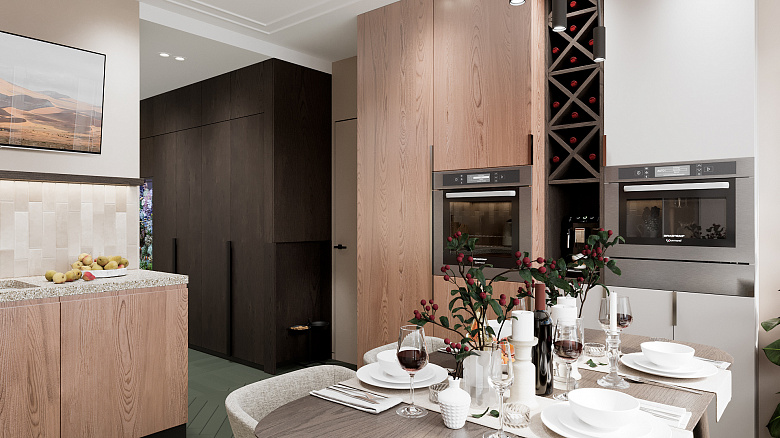 фото:Сейчас очень актуален светлый оттенок дерева с красным подтоном. Он хорошо сочетается с фоновыми оттенками и выполняет роль основного цвета. В нашем случае кухонный гарнитур выполнен в таком оттенке дерева. На изображение видно, что он хорошо сочетается и с темным орехом, и с ярким зеленым полом, и с фоновыми бежевыми оттенками