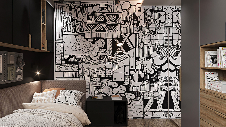 фото:Пространство без входа и выхода - мечта любого подростка ). Скрытая сдвижная дверь утопает в рисунке, как в паутине. Рисунок был найден на просторах интернета, а вот воплощением занялась художница Елена Котенова