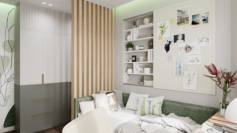 фото:Итоговое планировочное решение преодолело множество ограничений и компромиссов. Одним из которых было отсутствие прикроватной тумбы. Толщина стены между детскими комнатами позволила нам сделать нишу с полками и оригинальным сдвижным полотном, которое может скрыть то что лежит на полках