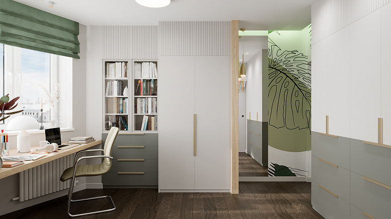 фото:Грамотное планировочное решение позволило разместить несколько шкафов для различного назначения. Напротив кровати есть шкаф с двумя штангами и рядом книжный шкаф с ящиками для канцелярии. При входе в комнату большой неглубокий шкаф с ящиками и полками для различного хранения