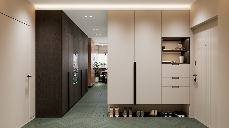 фото:Напротив креативной композиции, при входе в квартиру, располагается умиротворенная гамма в теплых, бежево-коричневых тонах. Подвесной шкаф выполнен в цвет стен и растворяется в пространстве. Главной составляющей всего этого пространства является пол. Он интересен не только цветом, но и рисунком укладки. Такой прием был выбран не случайно, передо мной была задача придумать пол таким образом, чтобы он максимально был не скользящим. В доме проживает большая собака и ускорять ее движение противопоказано для ремонта ). А мы знаем, что единственным тормозящим эффектом в плитке являются швы, поэтому была выбрана уникальная матовая керамогранитная плитка эквип (Испания) в малом формате