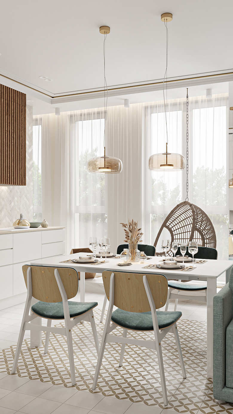 Интерьер сложился в светлых тонах с золотистыми нюансами, которые выигрышно оттеняют основную палитру. Золотистый оттенок дерева прекрасно перекликается с тонкой золотой полосой в потолочном карнизе. Ажурный рисунок на напольной плитке гармонирует с латунным металлом двух светильников над обеденным столом фото:Интерьер сложился в светлых тонах с золотистыми нюансами, которые выигрышно оттеняют основную палитру. Золотистый оттенок дерева прекрасно перекликается с тонкой золотой полосой в потолочном карнизе. Ажурный рисунок на напольной плитке гармонирует с латунным металлом двух светильников над обеденным столом