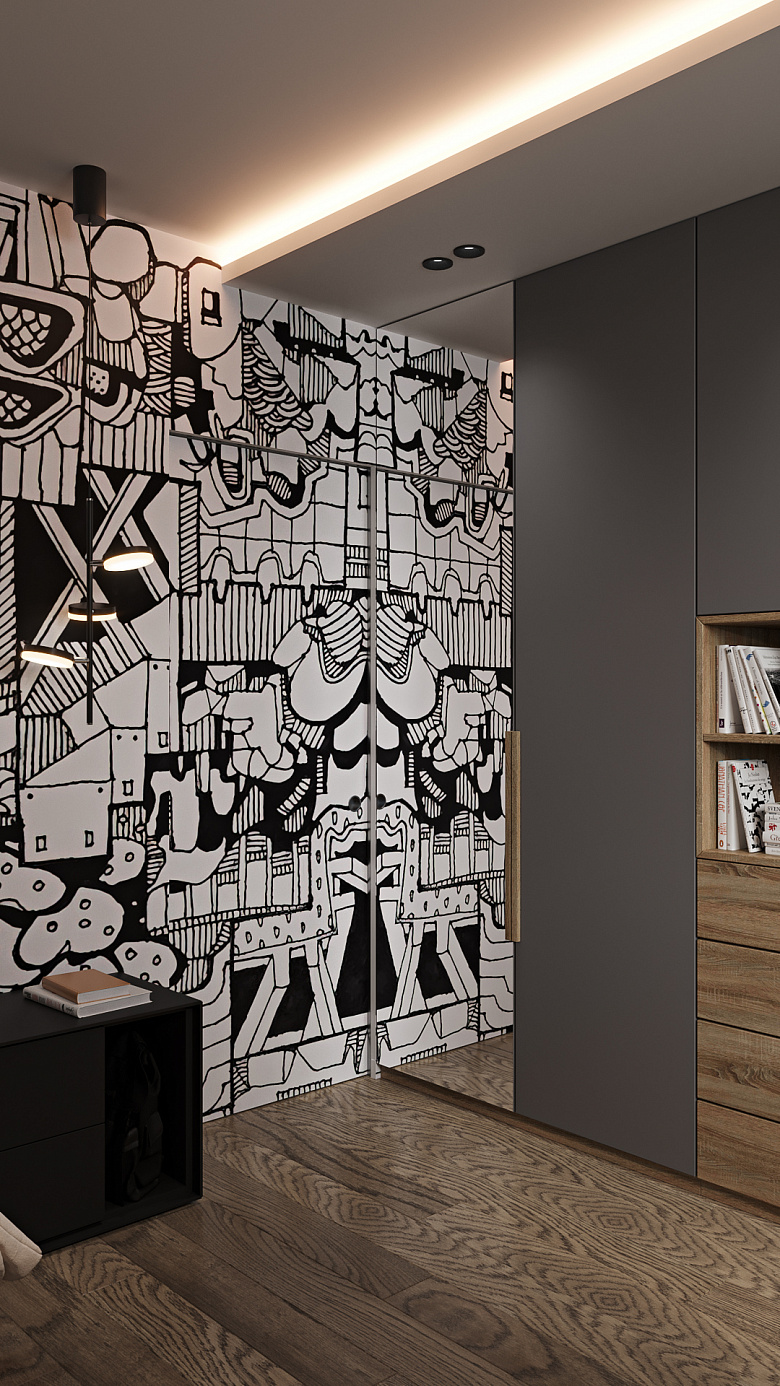 фото:Часто используемый материал для визуального увеличения пространства - это зеркало. Но так же зеркало используют для обмана, для преломления пространства. В нашем случае второе, лежа на кровати можно видеть бесконечную паутину рисунка в изголовье кровати