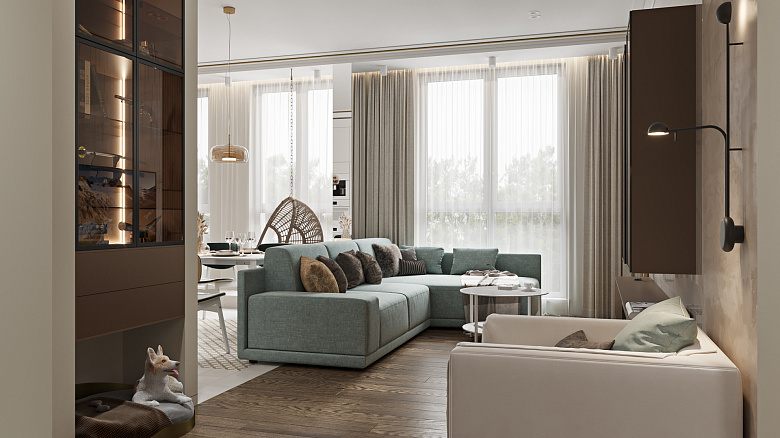 Нам повезло с архитектурой дома. Вдоль одной из стен кухни-гостиной в ряд выстроились три панорамных окна, тем самым складывается ощущение отсутствия стены вовсе. Интерьер наполнен естественным освещением, которое проникает вглубь квартиры, преображая пространство и заряжая его положительной энергетикой фото:Нам повезло с архитектурой дома. Вдоль одной из стен кухни-гостиной в ряд выстроились три панорамных окна, тем самым складывается ощущение отсутствия стены вовсе. Интерьер наполнен естественным освещением, которое проникает вглубь квартиры, преображая пространство и заряжая его положительной энергетикой