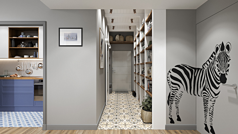 фото:Кухня, прихожая и коридор зонированы только отделочными материалами - это открытое планировочное решение без дверей и проемов