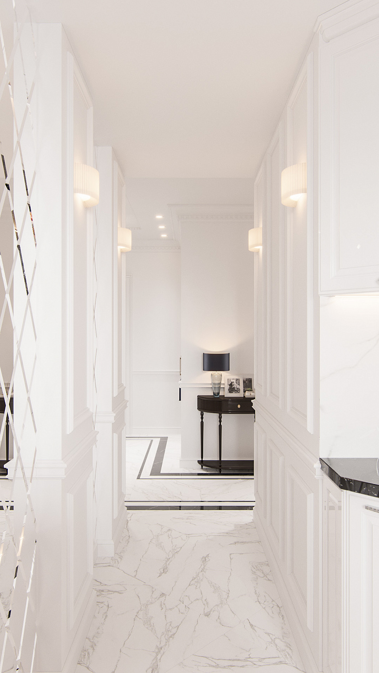 фото:Входная группа и кухня объединены общим пространством - небольшим коридором, оформленным в классическом стиле с приватным освещением