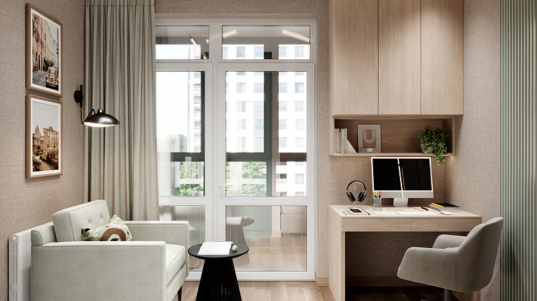 фото:Уютное рабочее пространство в нейтральных бежево-серых тонах. Зонирование: рабочая зона (стол с ПК, эргономичное кресло, шкафы, полка с декором) и релакс-зона (диван, кофейный столик). Большое окно обеспечивает естественный свет, настенный светильник акцентирует зону отдыха. Индивидуальность добавляют фото в рамках, лёгкость пространства — шторы в тон стенам. Лаконично, функционально, сбалансировано