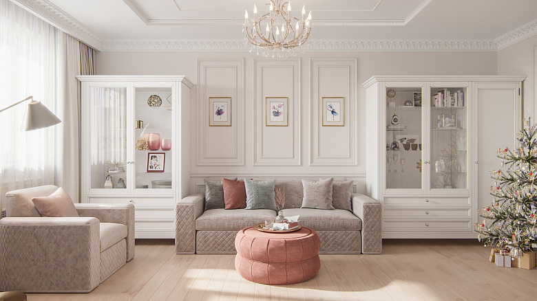 фото:Гостиная комната выполнена в классическом стиле, соблюдена симметрия, спокойная палитра и отличительным элементом является лепной декор