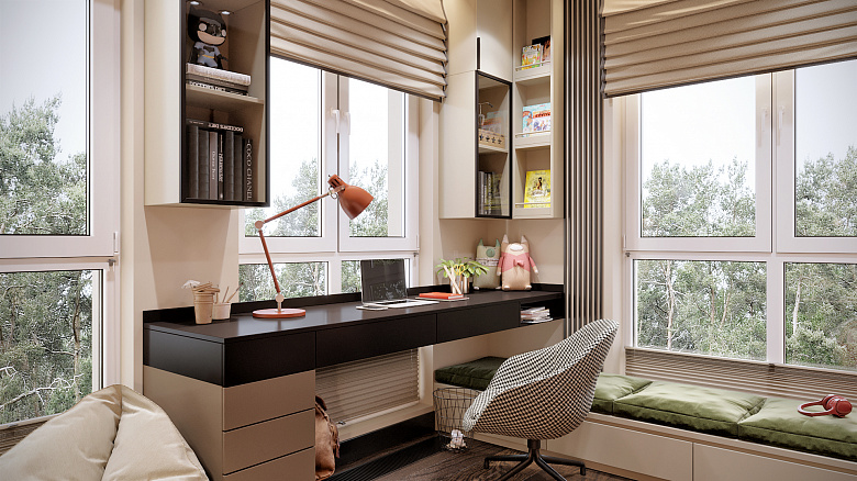 В планировочном решении единственная стена без окон и дверей была отдана размещению шкафа и кровати. Письменный стол решено было расположить возле окна. Стол был тщательно продуман: вся канцелярия находится на своих местах в ящиках, а книги убраны в навесные пеналы над столом фото:В планировочном решении единственная стена без окон и дверей была отдана размещению шкафа и кровати. Письменный стол решено было расположить возле окна. Стол был тщательно продуман: вся канцелярия находится на своих местах в ящиках, а книги убраны в навесные пеналы над столом