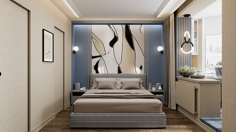 фото:В этом интересном и смелом проекте мы привлекали к осуществлению наших идей художницу Елену Котенову. В изголовье кровати мы выделили зону под прекрасное панно, добавили подсветку с разных сторон и выделили цветом пространство за изголовьем. При входе в комнату мы сразу видим это магическое слияние рисунка, формы, цвета и света