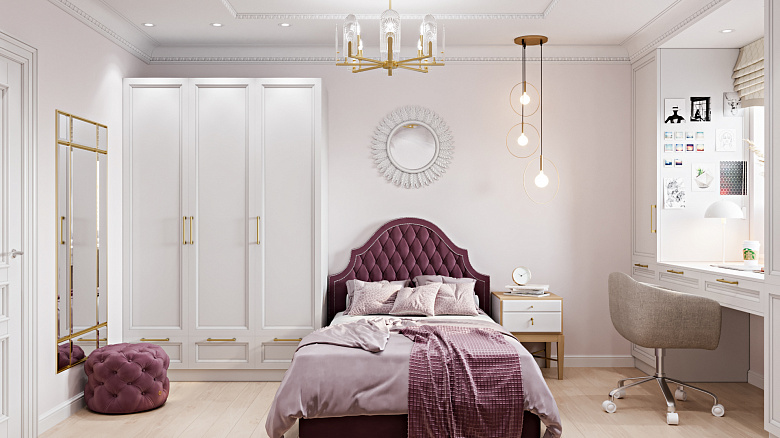 фото:Спальное место занимает центральное место в спальной комнате, оформлена в классическом стиле, ярко малинового цвета