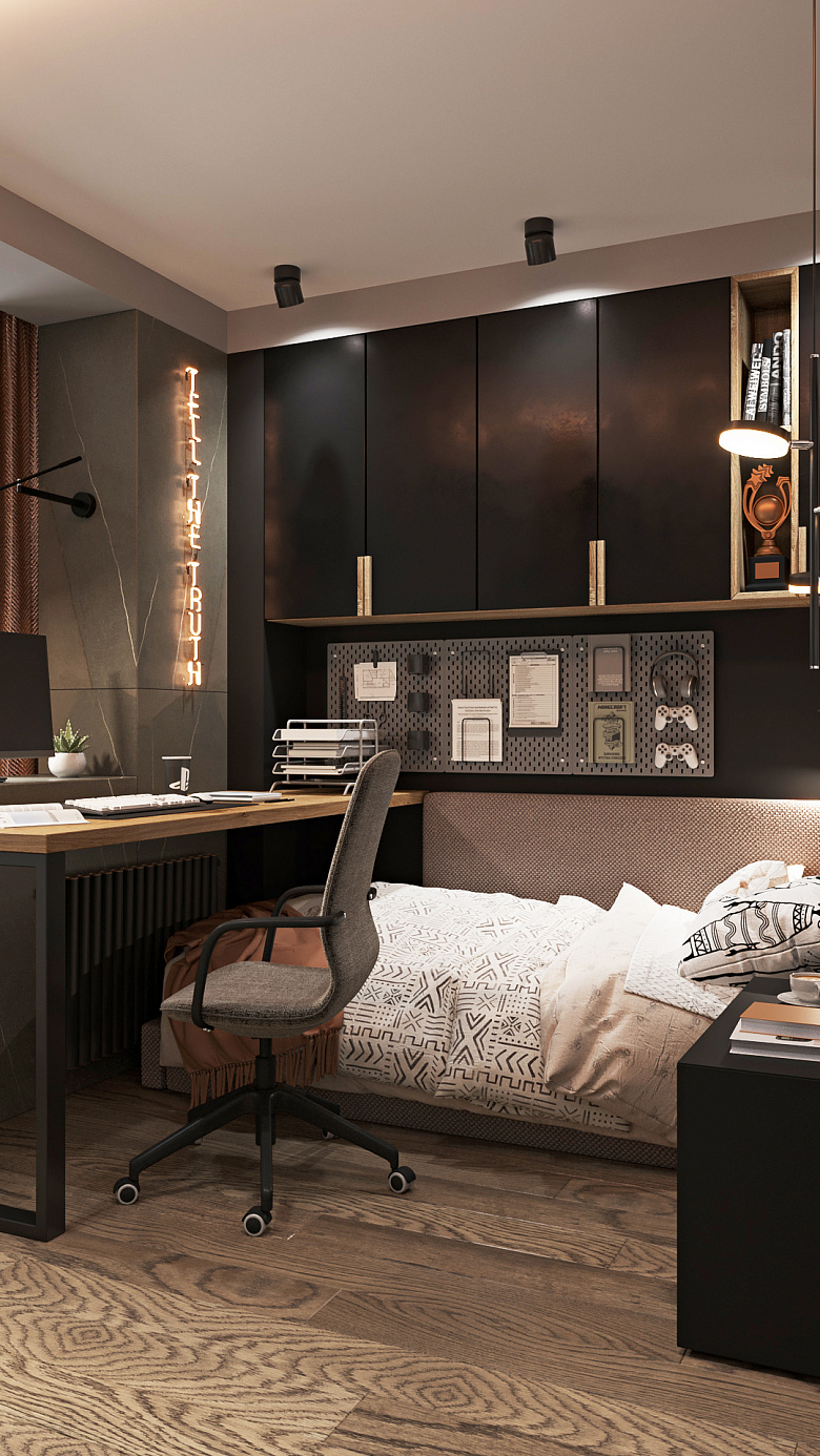 фото:В малых пространствах не обойтись без заказной мебели. Мебель надо проектировать таким образом, чтобы каждый уголок был продуман и организован. Основное хранение скрыто от глаз - визуальный порядок очень важен. Для организации предметов первой необходимости, рядом со столом есть органайзер, где для каждой вещи есть место