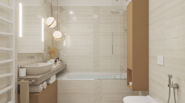 Мягкая и умиротворяющая палитра с осенними нотками прекрасна подошла к нашей просторной ванной комнате. Акцентный цвет представлен в предметах мебели и дополнен золотыми элементами в декоре фото:Мягкая и умиротворяющая палитра с осенними нотками прекрасна подошла к нашей просторной ванной комнате. Акцентный цвет представлен в предметах мебели и дополнен золотыми элементами в декоре