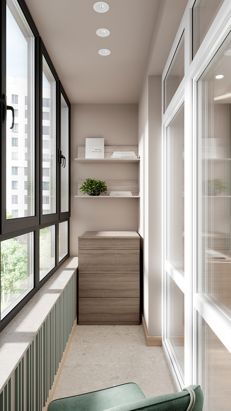 фото:Компактный балкон в скандинавском стиле: большие окна с контрастными чёрными рамами, светлые стены и пол создают ощущение простора. Вдоль стены — лаконичные деревянные полки с декором (книги, зелёное растение), под ними — стильный комод в древесных тонах для хранения. Широкий подоконник с легким декором. Минимализм, функциональность, много света — идеальное место для коротких пауз