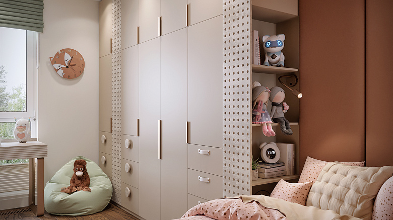 С торца большого платяного шкафа, в непосредственной близости к кровати, было решено оставить открытыми несколько полок для того, чтобы самые дорогие игрушки “охраняли” сон маленькой принцессы фото:С торца большого платяного шкафа, в непосредственной близости к кровати, было решено оставить открытыми несколько полок для того, чтобы самые дорогие игрушки “охраняли” сон маленькой принцессы