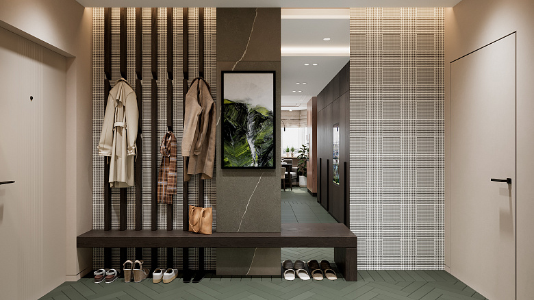 фото:При входе в квартиру, вдоль стены, расположена стильная, функциональная композиция. Тут можно повесить верхнюю одежду на уникальных деревянных рейках. Поставить сумочку или присесть на деревянную скамью, поставив обувь под нее. Увидеть одновременно свое отражение в зеркале и отражение окна в кухне-гостиной, что способствует проникновению дневного света вглубь пространства. В центре сконструирован пенал, облицованный керамогранитом, где за скрытым люком располагается электрический щит. Фоном композиции выступают черно-белые обои в клетку. Такая композиция при входе в квартиру сразу погружает в интересный интерьер этого пространства