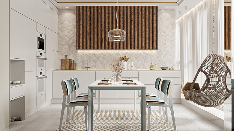 Когда кухонная зона объединена с гостиной, особое внимание в дизайне уделяют кухонному гарнитуру. Мебель не должна смотреться громоздко и при этом должна быть продолжением гостиной. Мы решили основную часть мебели растворить в пространстве, сделав её в той же тональности, что и стены, без какого‑либо рельефа, как чистый лист. А оставшуюся часть мебели выделить акцентными реечными фасадами из массива дуба с подсветкой и в ажурном обрамлении керамической плиткой, выложенной елочкой фото:Когда кухонная зона объединена с гостиной, особое внимание в дизайне уделяют кухонному гарнитуру. Мебель не должна смотреться громоздко и при этом должна быть продолжением гостиной. Мы решили основную часть мебели растворить в пространстве, сделав её в той же тональности, что и стены, без какого‑либо рельефа, как чистый лист. А оставшуюся часть мебели выделить акцентными реечными фасадами из массива дуба с подсветкой и в ажурном обрамлении керамической плиткой, выложенной елочкой