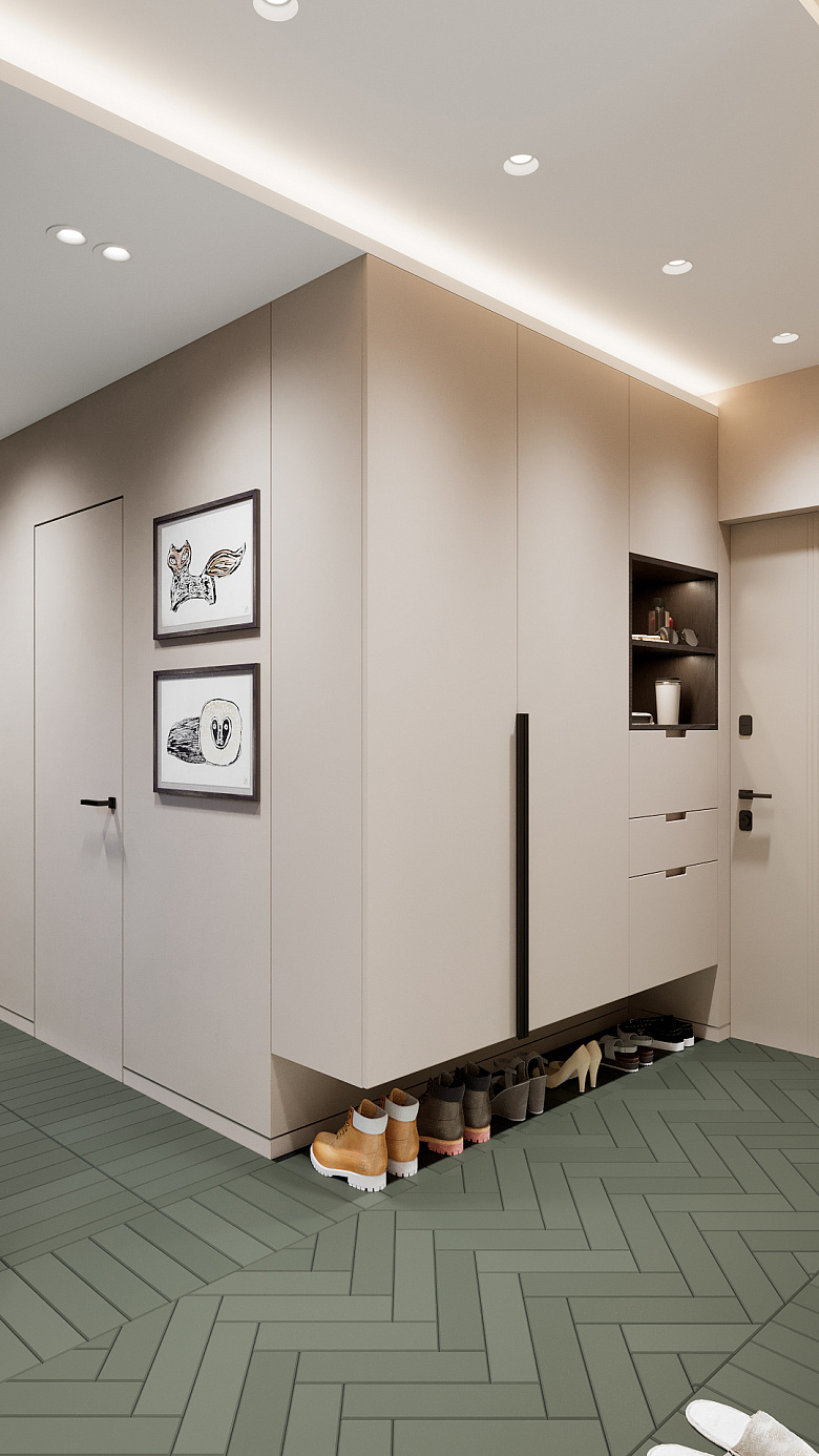 фото:В прихожие оказалось мало место для полноценного шкафа, поэтому полноценное хранение организовано в коридоре. Но при этом при входе мы организовали шкаф (40 см в глубину) с ящиками и вешалками для верхней одежды, и главное, приподняли его над полом, чтобы спокойно расставить обувь