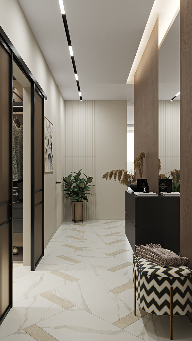 Сложно поверить, что эта квартира имеет площадь чуть больше 100 кв. м. При входе в квартиру мы попадаем в просторное и правильно спроектированное пространство. При входе - мечта любой хозяйки: отдельная П-образная гардеробная; напротив - большое зеркало и несколько стильных предметов мебели. Далее по коридору слева - скрытая дверь в постирочную комнату с полноценной душевой, а справа - также скрытая дверь в гостевой туалет. Но это еще не все: в торце коридора за реечными фасадами в цвет стен скрыт шкаф для дополнительного хранения фото:Сложно поверить, что эта квартира имеет площадь чуть больше 100 кв. м. При входе в квартиру мы попадаем в просторное и правильно спроектированное пространство. При входе - мечта любой хозяйки: отдельная П-образная гардеробная; напротив - большое зеркало и несколько стильных предметов мебели. Далее по коридору слева - скрытая дверь в постирочную комнату с полноценной душевой, а справа - также скрытая дверь в гостевой туалет. Но это еще не все: в торце коридора за реечными фасадами в цвет стен скрыт шкаф для дополнительного хранения