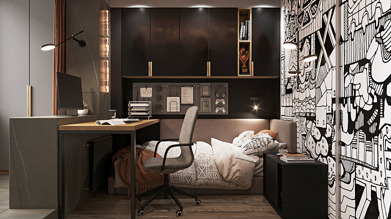 фото:Укромное местечко в дальнем углу квартиры, спроектировано максимально компактно, но без ущерба функционала и по требованиям юного мужчины