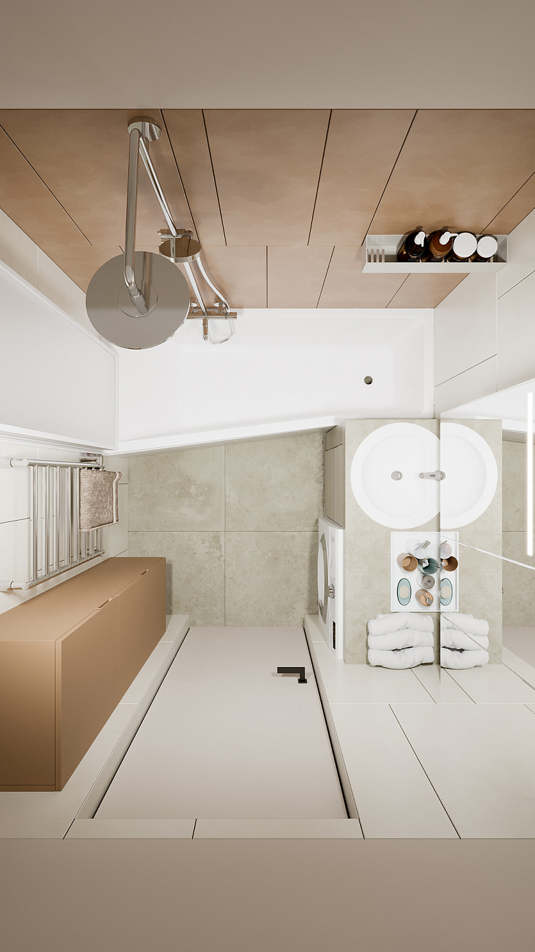 фото:Панельный дом, пространство в размере метр семьдесят на метр семьдесят. Удалось найти уникальную ванную чашу с зауженным краем, что позволило нам уместить полноценную стиральную машинку с раковиной. Благодаря такому приему мы высвободили левую сторону комнаты и смогли разместить полноценный полотенцесушитель и вместимый пенал 