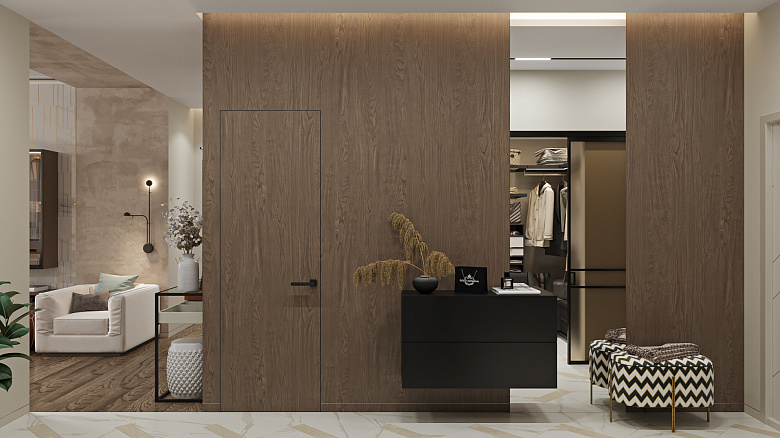 Шпоновые обои от пола до потолка с подсветкой сейчас очень популярны в отделках стен. Я добавила немного динамики. Зеркало уместно и актуально расположилось напротив входа в гардеробную; подвесная тумба дополнила композицию объемным элементом, а декор завершил преображение. Эстетика и функционал на лицо фото:Шпоновые обои от пола до потолка с подсветкой сейчас очень популярны в отделках стен. Я добавила немного динамики. Зеркало уместно и актуально расположилось напротив входа в гардеробную; подвесная тумба дополнила композицию объемным элементом, а декор завершил преображение. Эстетика и функционал на лицо